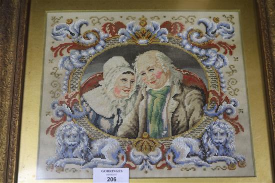 A Victorian needlepoint and beadwork portrait and a pair of beadwork book covers, framed